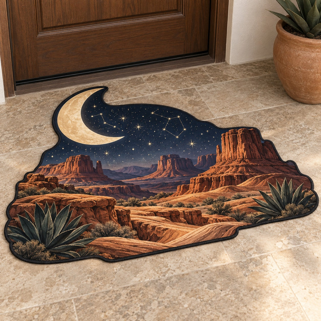 Desert Night Sky Custom Shape Mat with dimensional printed themed artwork; representative AI-generated mockup.