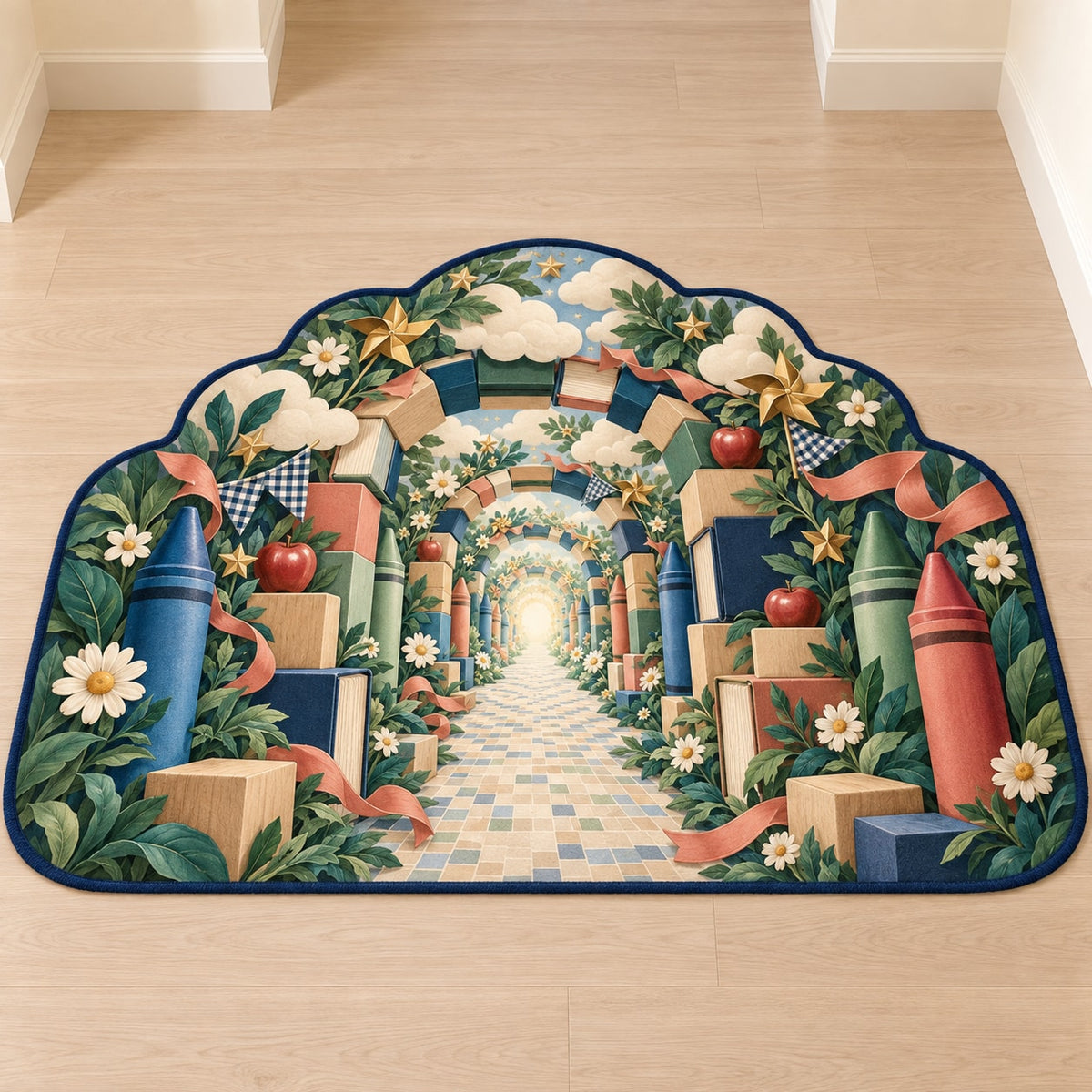 Kindergarten Wonder Garden Custom Shape Mat with dimensional printed themed artwork; representative AI-generated mockup.