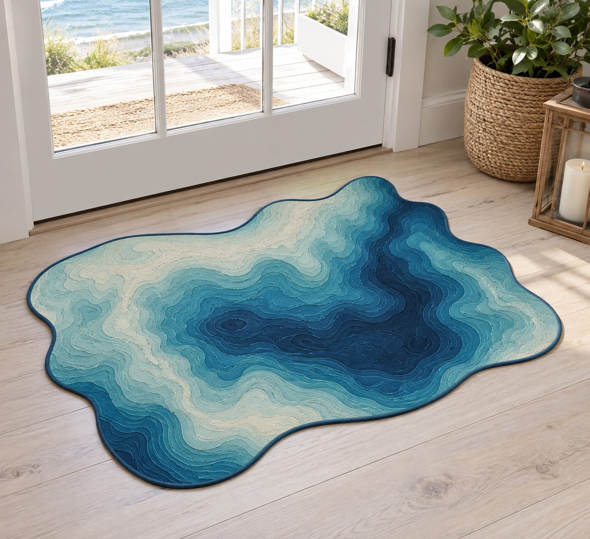 Ocean Depth Contours Custom Shape Mat with dimensional printed themed artwork; representative AI-generated mockup.