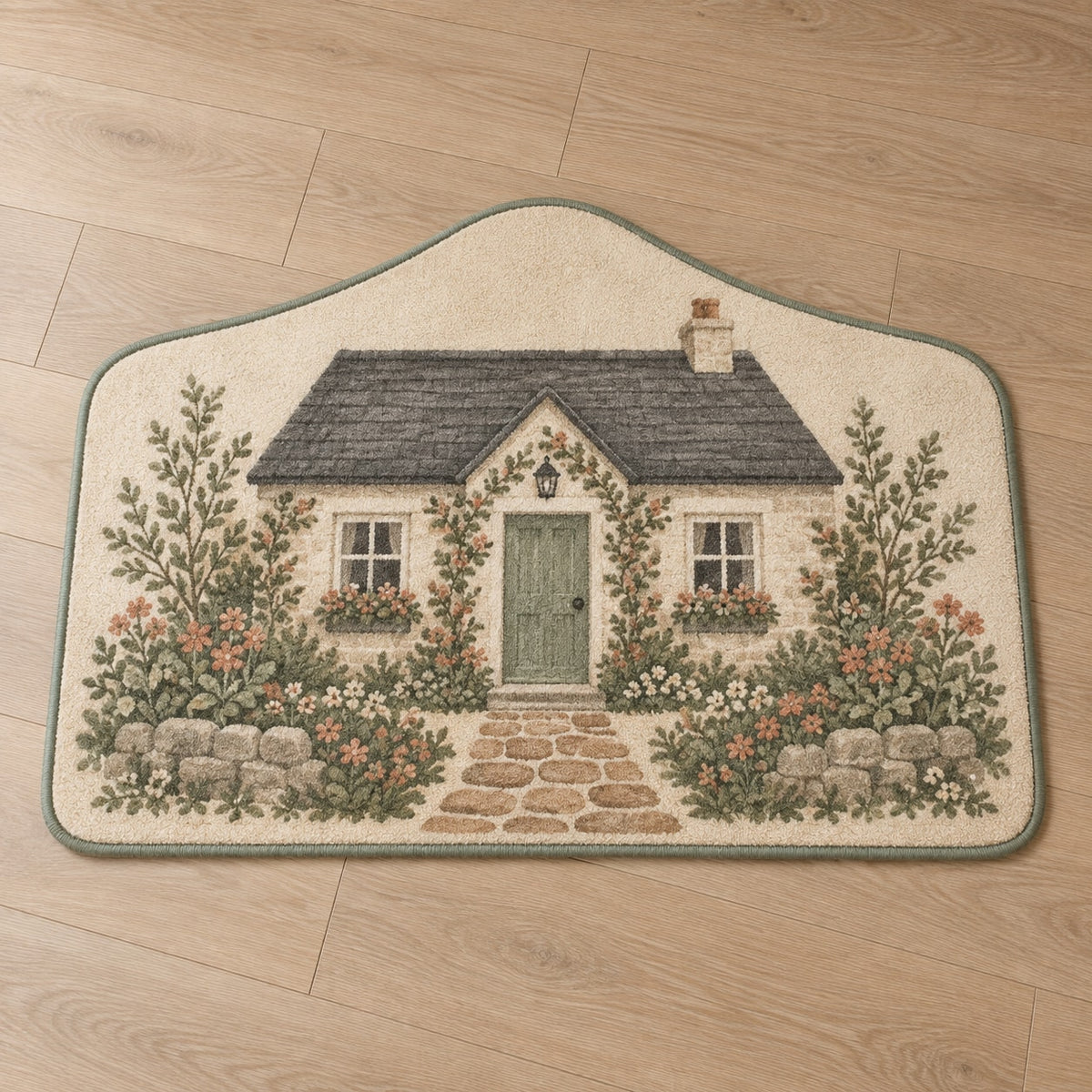 Cottage Garden House Portrait Custom Shape Mat with dimensional printed themed artwork; representative AI-generated mockup.