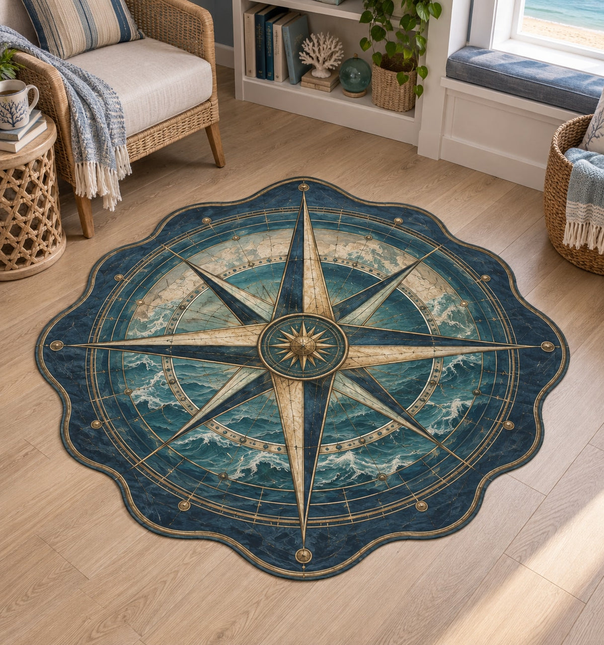 Nautical Compass Custom Shape Mat with dimensional printed themed artwork; representative AI-generated mockup.