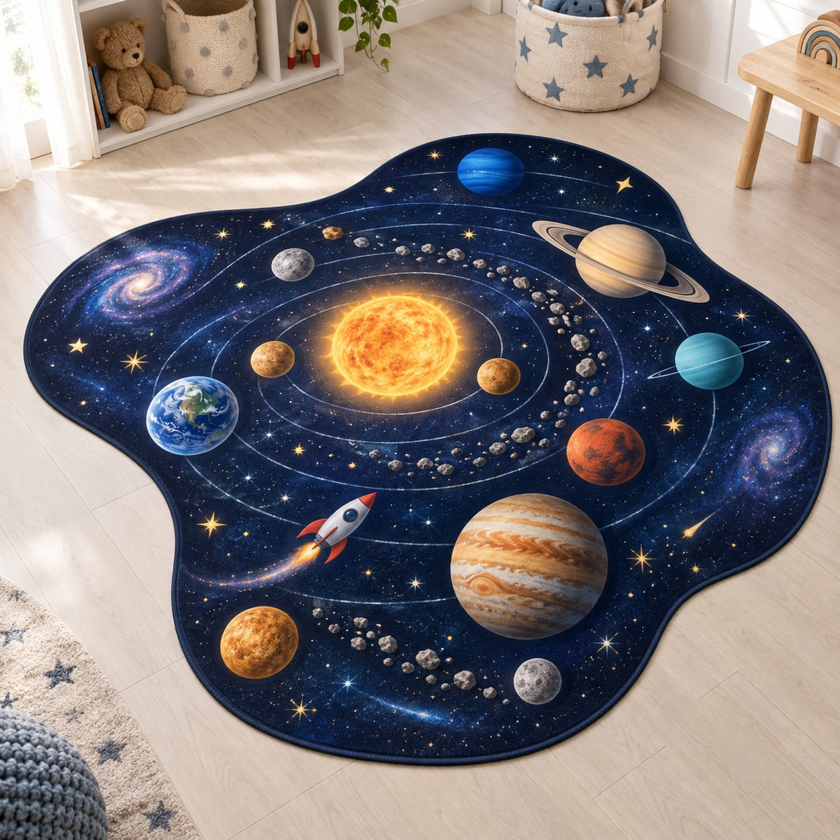 Space Explorer Planets Custom Shape Mat with dimensional printed themed artwork; representative AI-generated mockup.