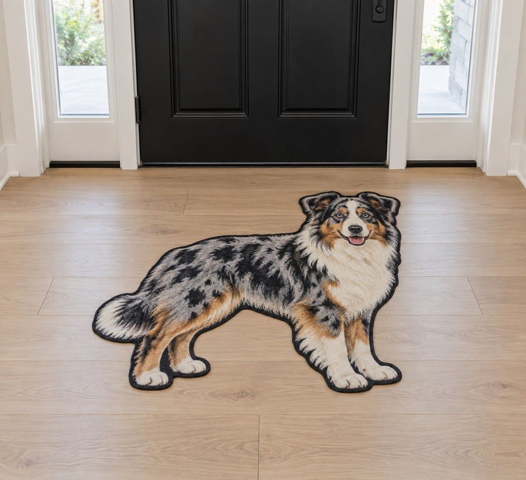 Australian Shepherd Custom Shape Mat with dimensional printed themed artwork; representative AI-generated mockup.