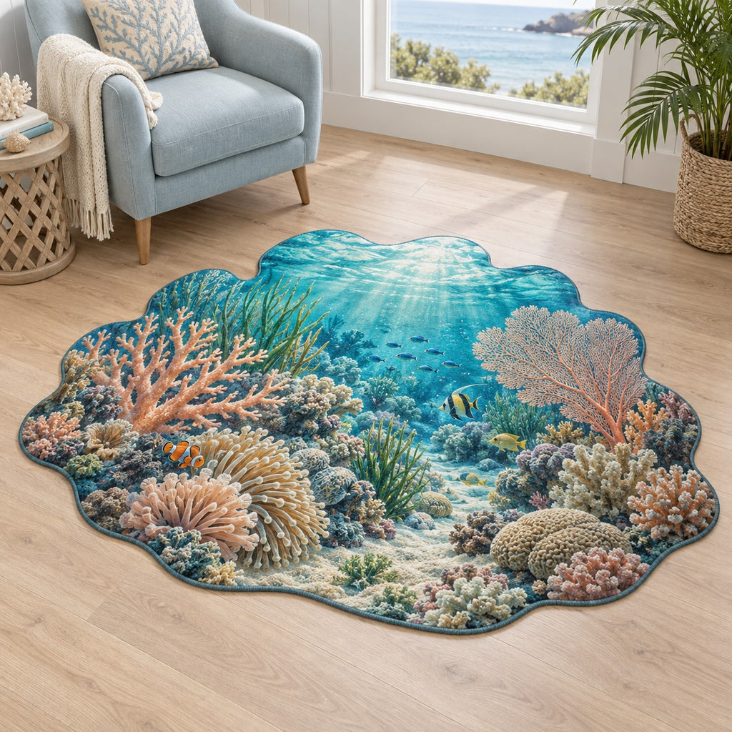 Coral Reef Custom Shape Mat with dimensional printed themed artwork; representative AI-generated mockup.