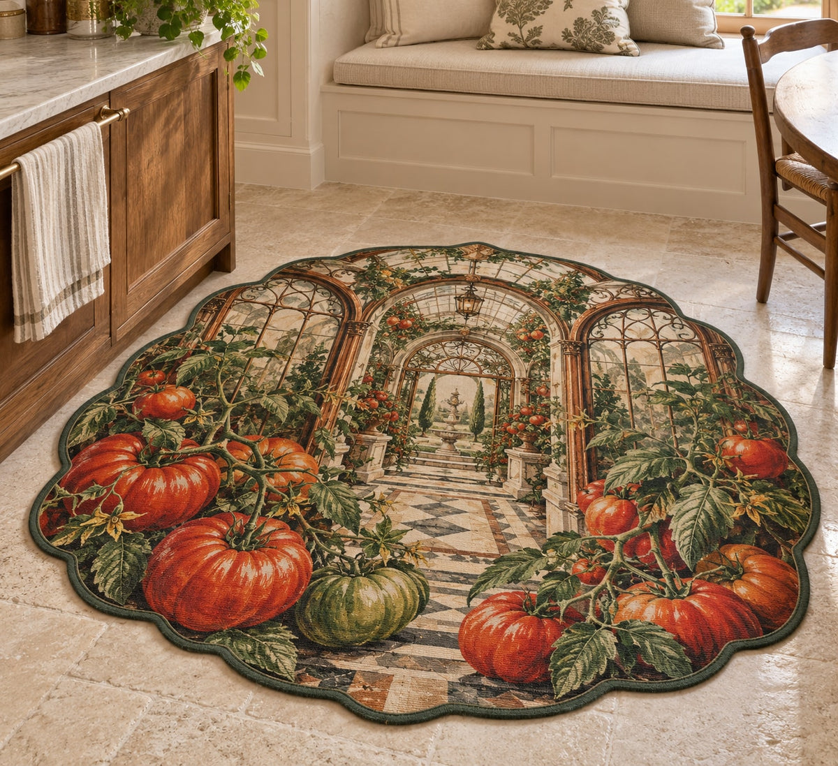 Tomato Garden Kitchen Custom Shape Mat with dimensional printed themed artwork; representative AI-generated mockup.