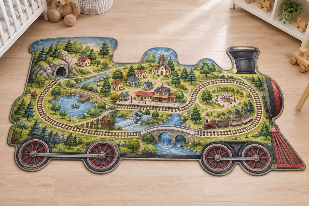 Storybook Train Village Map Custom Shape Mat with dimensional printed themed artwork; representative AI-generated mockup.