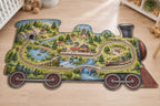 Storybook Train Village Map Custom Shape Mat with dimensional printed themed artwork; representative AI-generated mockup.