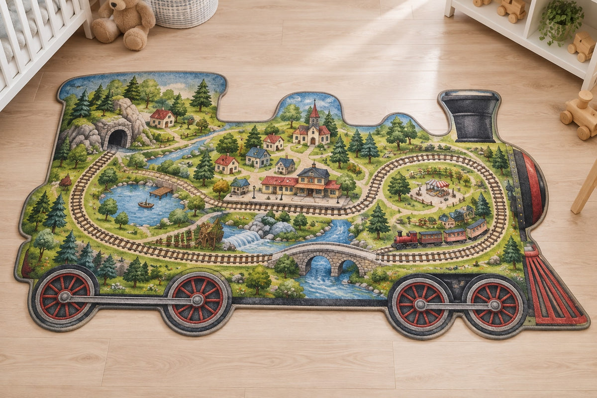 Storybook Train Village Map Custom Shape Mat with dimensional printed themed artwork; representative AI-generated mockup.