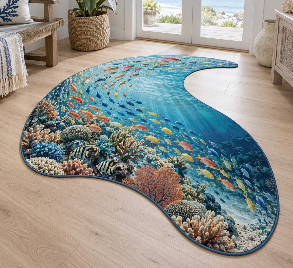 Reef Fish School Custom Shape Mat with dimensional printed themed artwork; representative AI-generated mockup.