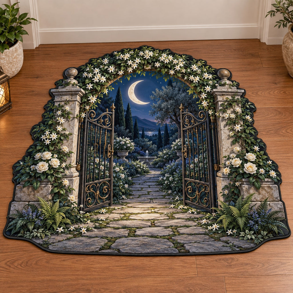 Moon Garden Gate Custom Shape Mat with dimensional printed themed artwork; representative AI-generated mockup.