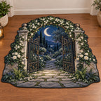 Moon Garden Gate Custom Shape Mat with dimensional printed themed artwork; representative AI-generated mockup.