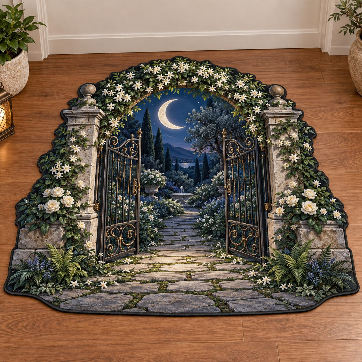 Moon Garden Gate Custom Shape Mat with dimensional printed themed artwork; representative AI-generated mockup.