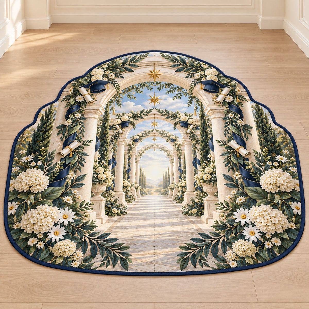 Graduation Laurel Colonnade Custom Shape Mat with dimensional printed themed artwork; representative AI-generated mockup.