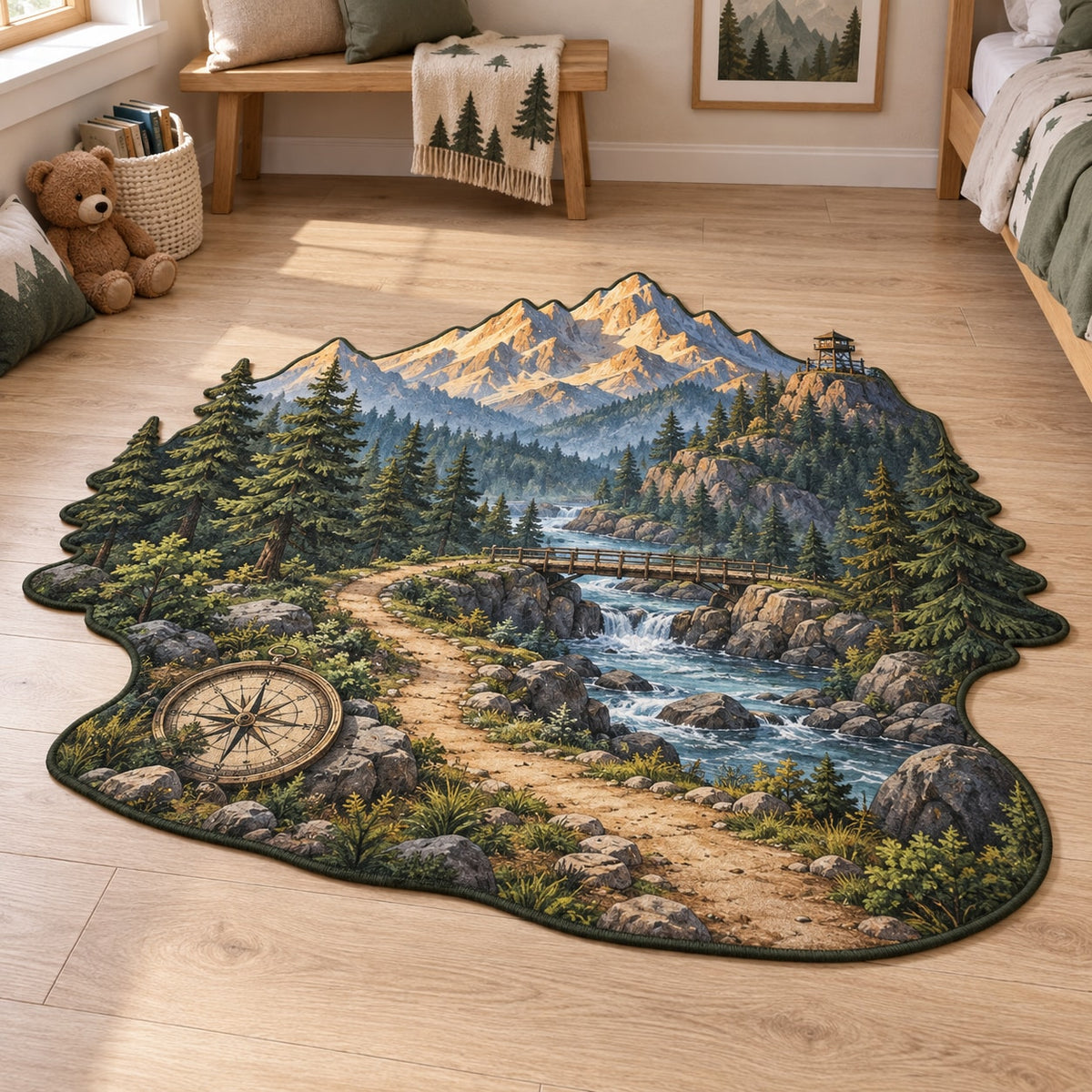 Forest Adventure Map Custom Shape Mat with dimensional printed themed artwork; representative AI-generated mockup.