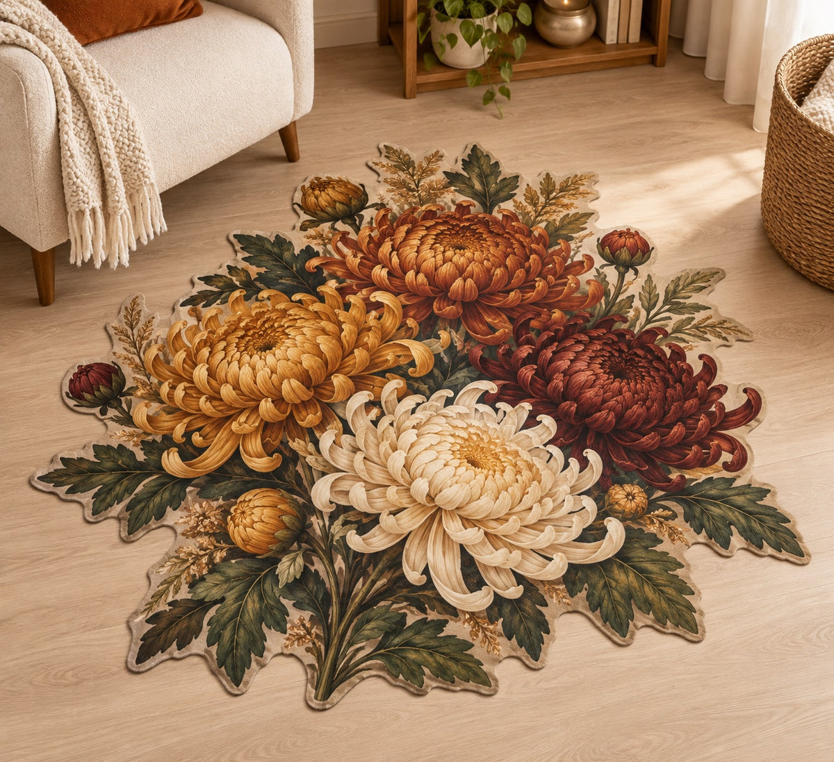 Chrysanthemum Autumn Garden Custom Shape Mat with dimensional printed themed artwork; representative AI-generated mockup.