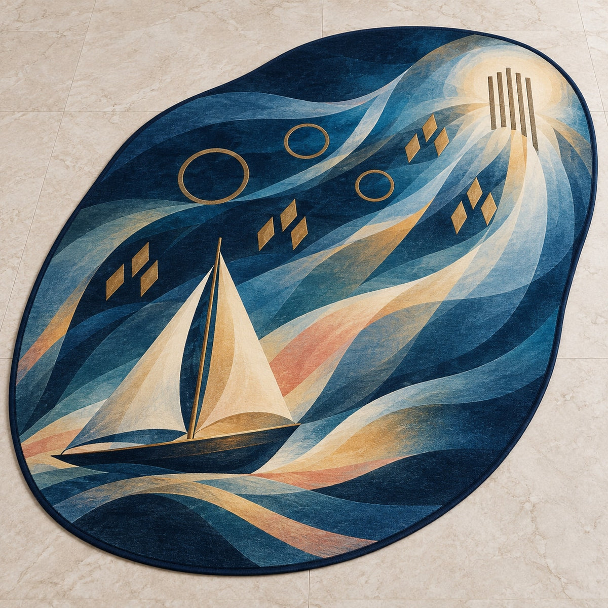 Windward Loom Weekend Custom Shape Mat with dimensional printed themed artwork; representative AI-generated mockup.