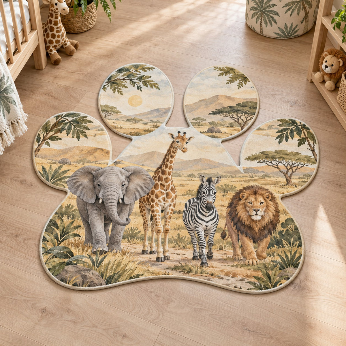 Safari Animal Parade Custom Shape Mat with dimensional printed themed artwork; representative AI-generated mockup.