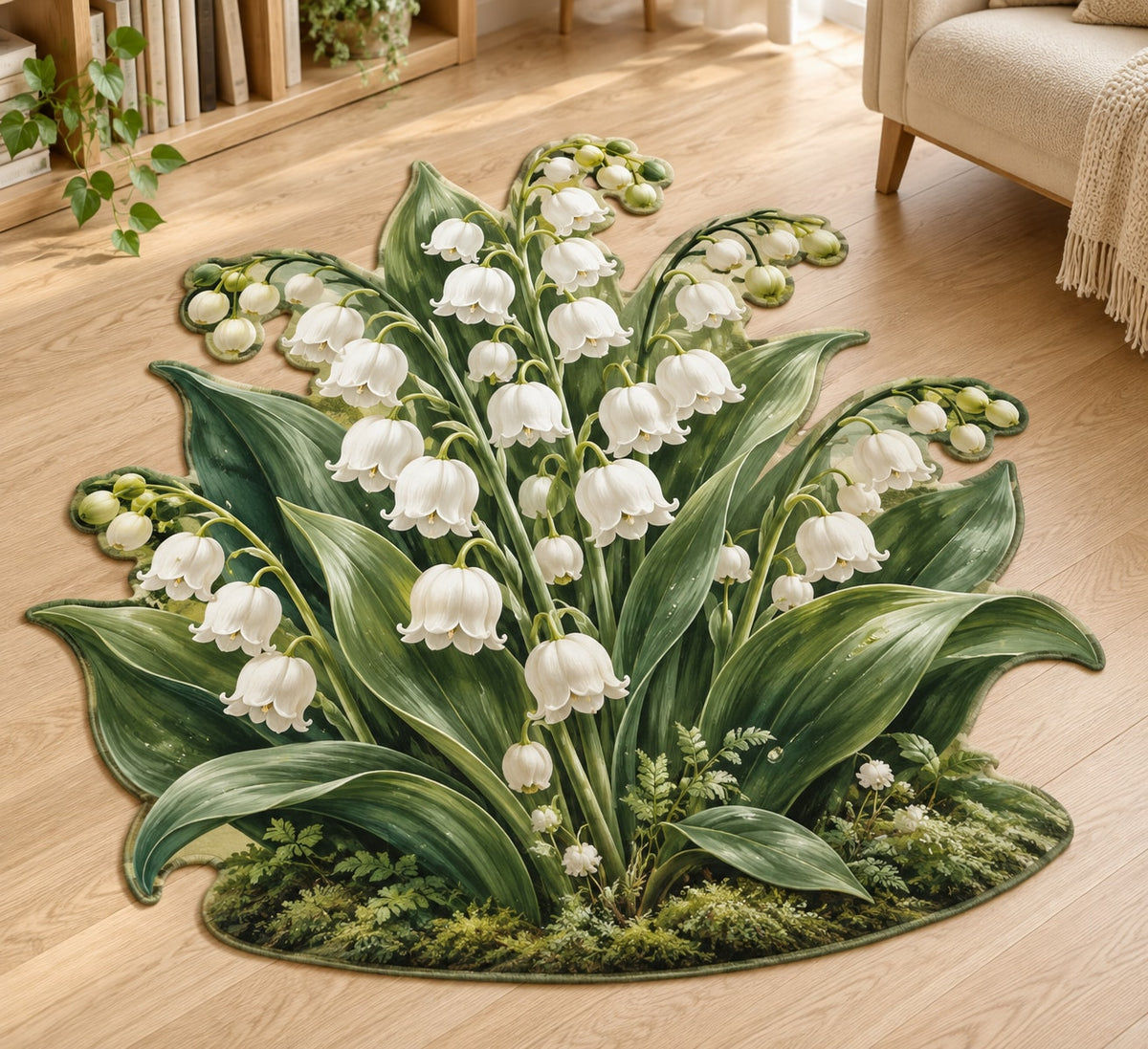 Lily of the Valley Custom Shape Mat with dimensional printed themed artwork; representative AI-generated mockup.