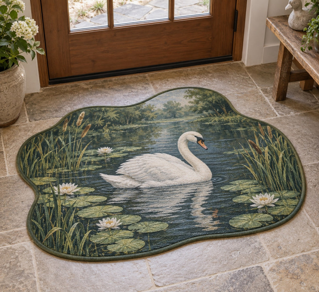 Swan and Reeds Custom Shape Mat with dimensional printed themed artwork; representative AI-generated mockup.
