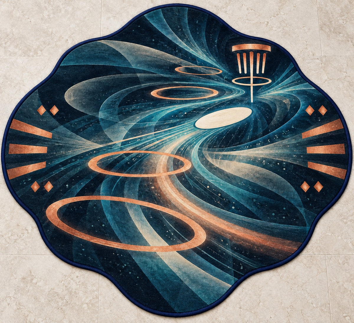 Aerochain Meridian Custom Shape Mat with dimensional printed themed artwork; representative AI-generated mockup.