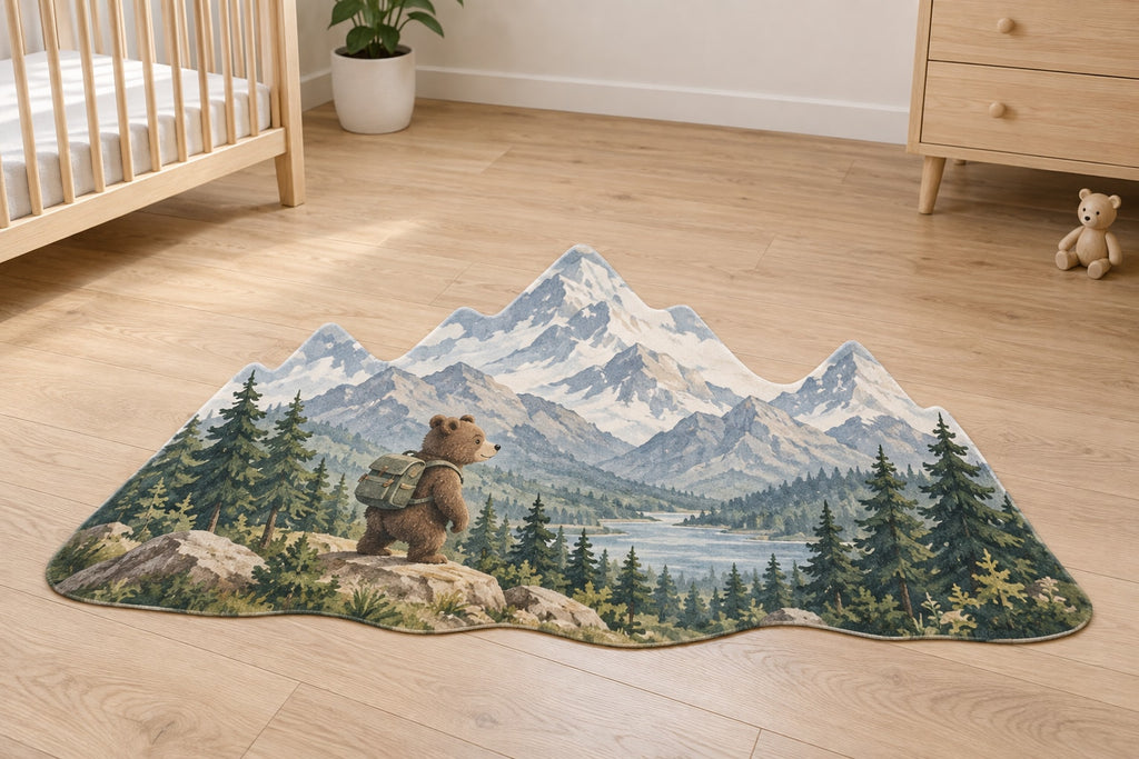 Mountain Bear Adventure Custom Shape Mat with dimensional printed themed artwork; representative AI-generated mockup.