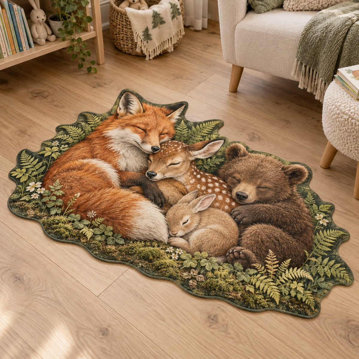 Woodland Animal Friends Custom Shape Mat with dimensional printed themed artwork; representative AI-generated mockup.