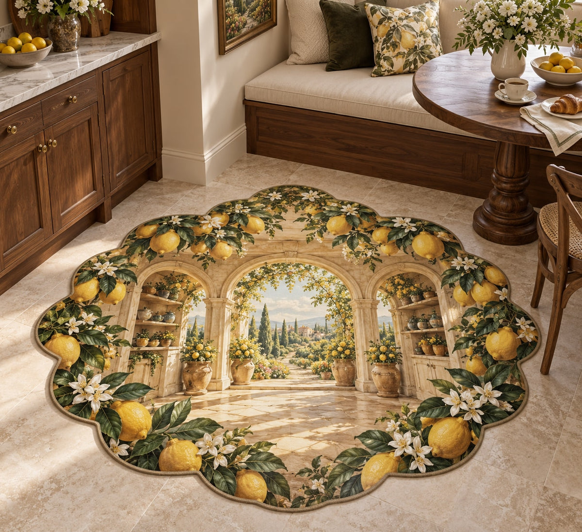 Lemon Kitchen Custom Shape Mat with dimensional printed themed artwork; representative AI-generated mockup.
