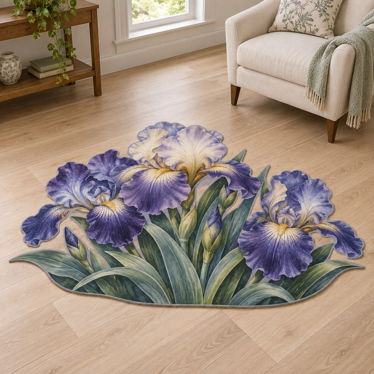 Iris Garden Custom Shape Mat with dimensional printed themed artwork; representative AI-generated mockup.