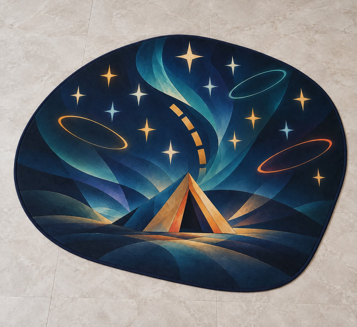 Nightglass Camp Observatory Custom Shape Mat with dimensional printed themed artwork; representative AI-generated mockup.