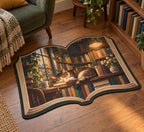 Cat in a Bookshop Custom Shape Mat with dimensional printed themed artwork; representative AI-generated mockup.