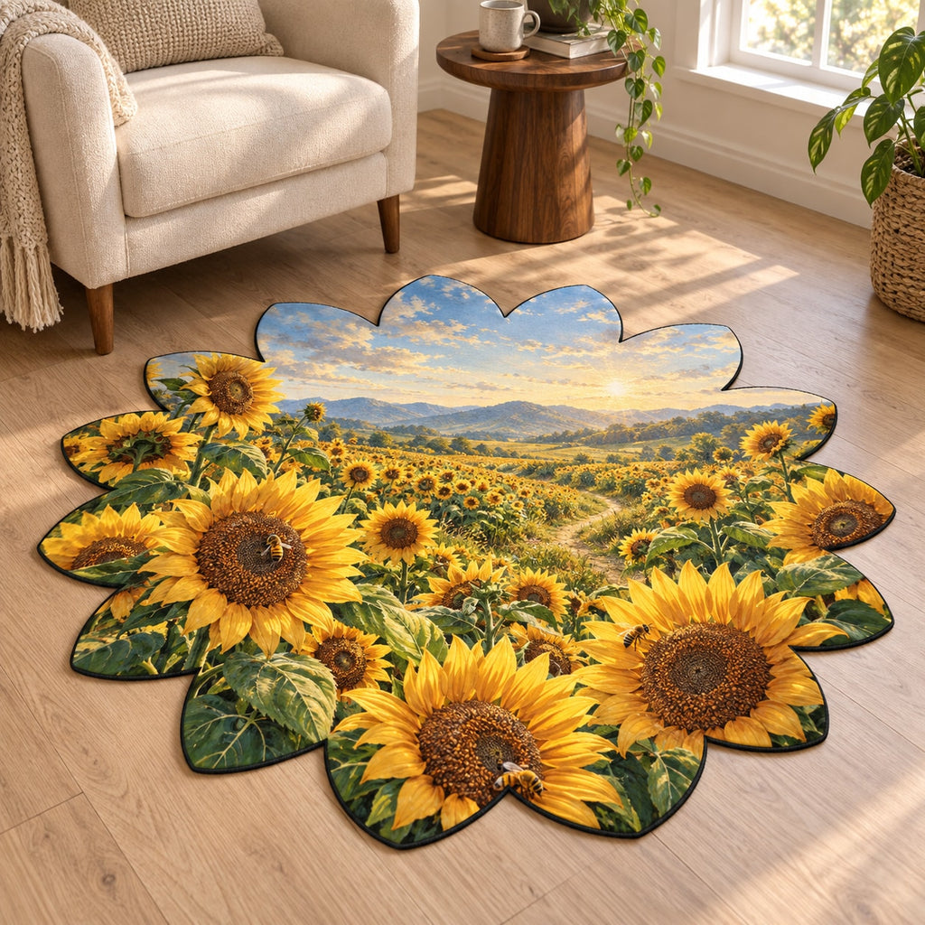 Sunflower Field Custom Shape Mat with dimensional printed themed artwork; representative AI-generated mockup.