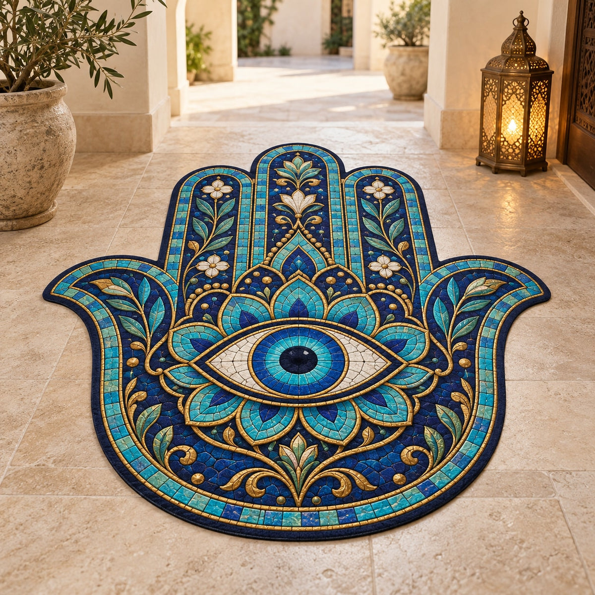 Hamsa Eye Mosaic Custom Shape Mat with dimensional printed themed artwork; representative AI-generated mockup.