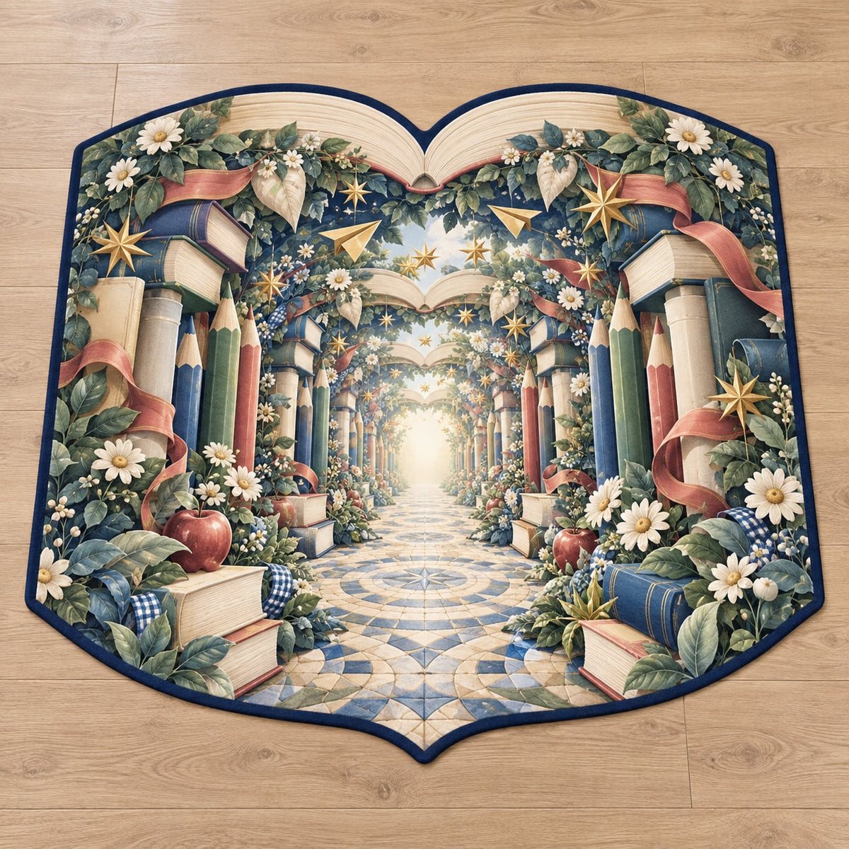 Elementary Learning Garden Custom Shape Mat with dimensional printed themed artwork; representative AI-generated mockup.