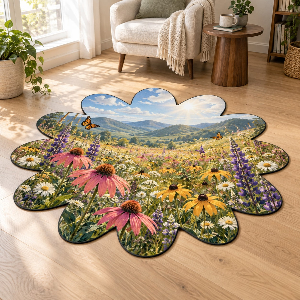 Wildflower Meadow Custom Shape Mat with dimensional printed themed artwork; representative AI-generated mockup.