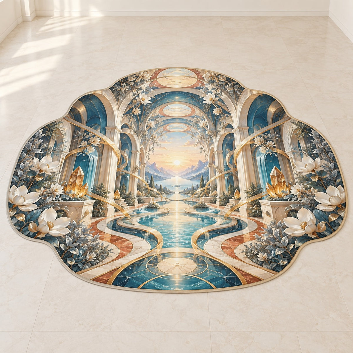 Physical Therapy Motion Atrium Custom Shape Mat with dimensional printed themed artwork; representative AI-generated mockup.