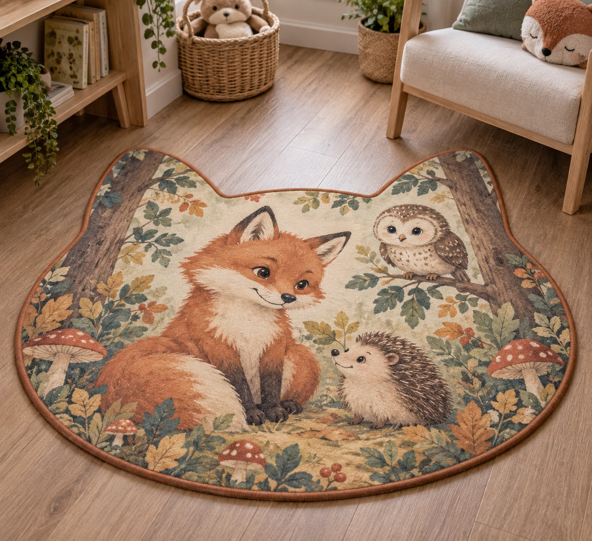 Original Storybook Animals Custom Shape Mat with dimensional printed themed artwork; representative AI-generated mockup.