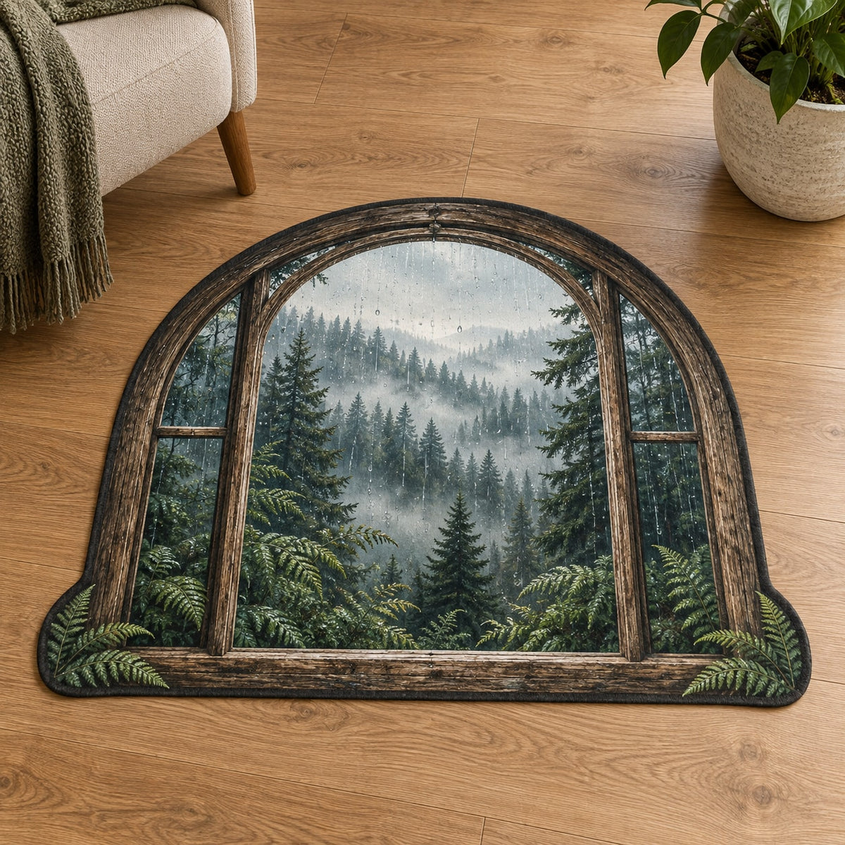 Rainy Forest Window Custom Shape Mat with dimensional printed themed artwork; representative AI-generated mockup.