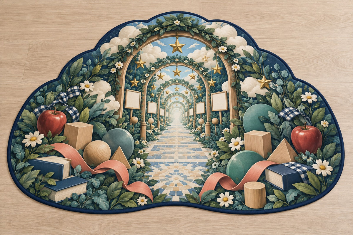 Inclusive Learning Sanctuary Custom Shape Mat with dimensional printed themed artwork; representative AI-generated mockup.