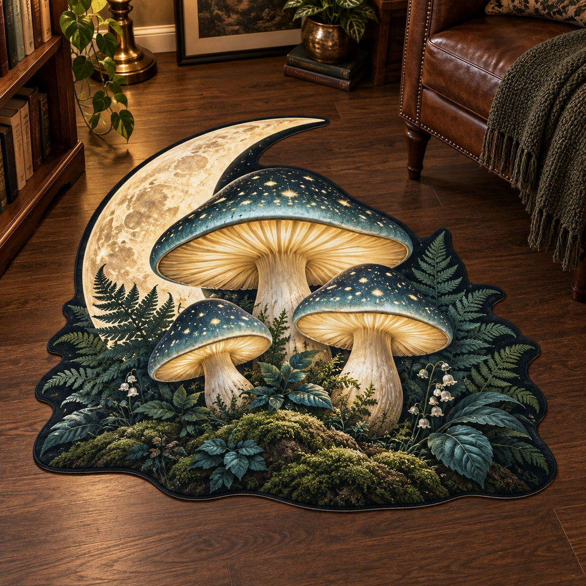 Celestial Mushroom Forest Custom Shape Mat with dimensional printed themed artwork; representative AI-generated mockup.