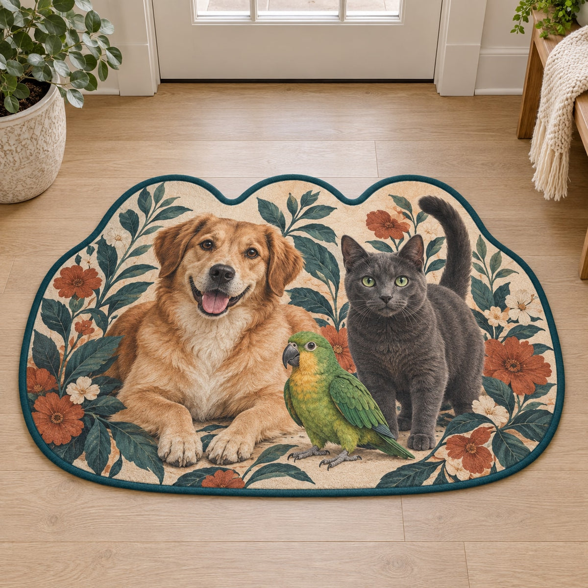 Multi Pet Household Custom Shape Mat with dimensional printed themed artwork; representative AI-generated mockup.