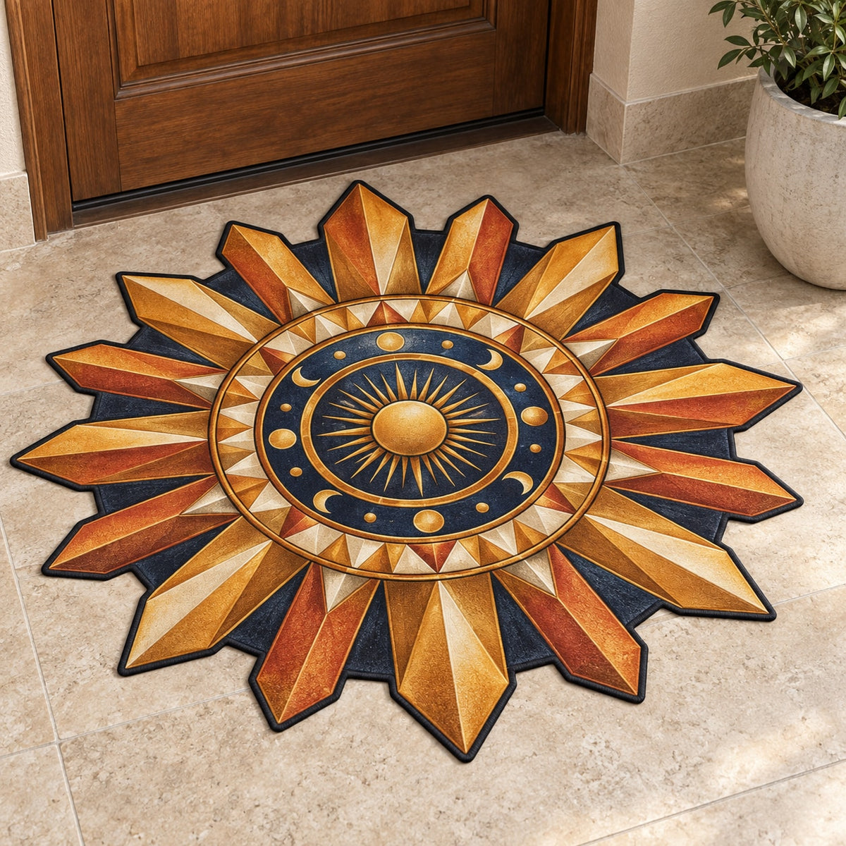 Geometric Sunburst Custom Shape Mat with dimensional printed themed artwork; representative AI-generated mockup.