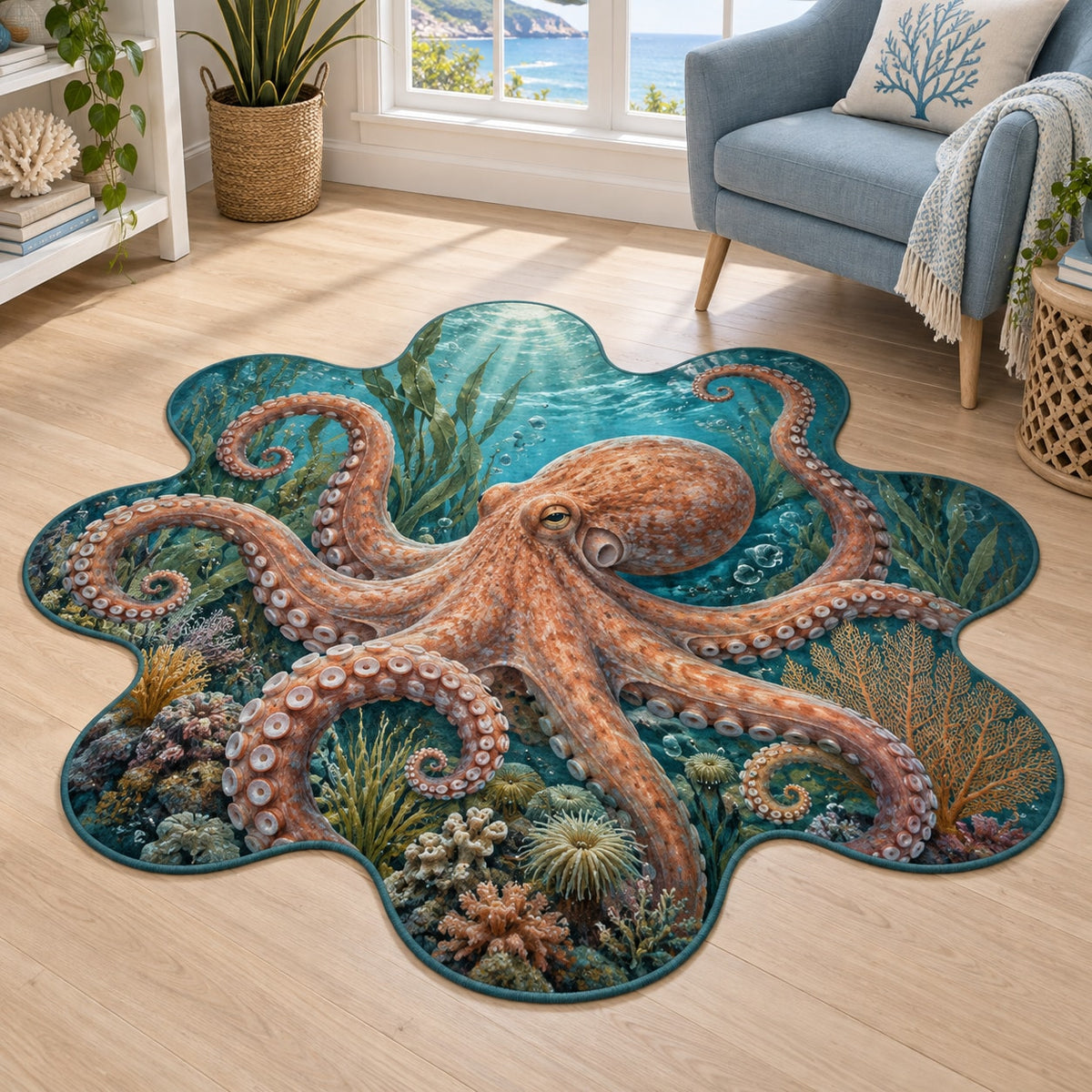 Octopus Garden Custom Shape Mat with dimensional printed themed artwork; representative AI-generated mockup.