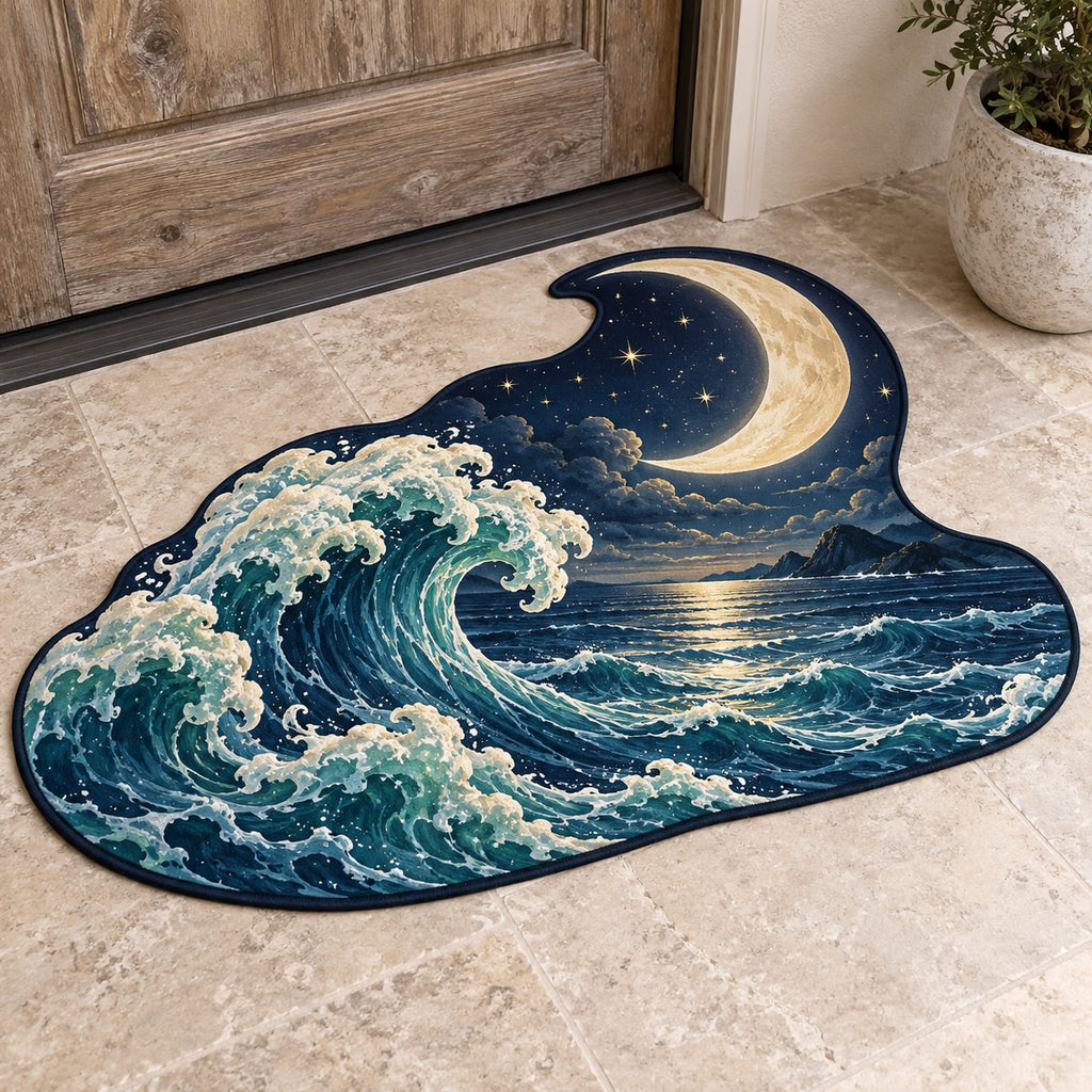 Celestial Ocean Tide Custom Shape Mat with dimensional printed themed artwork; representative AI-generated mockup.