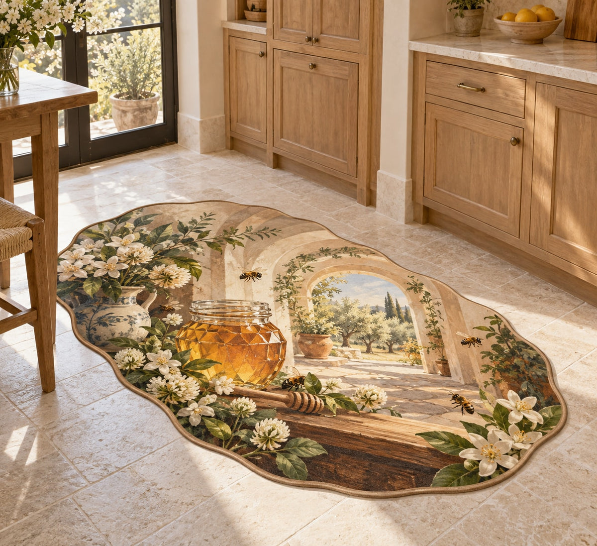 Honey Harvest Pantry Custom Shape Mat with dimensional printed themed artwork; representative AI-generated mockup.