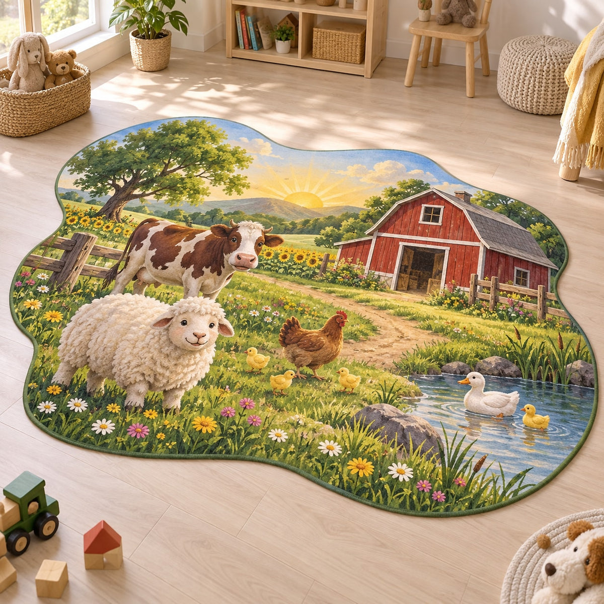 Farm Animal Morning Custom Shape Mat with dimensional printed themed artwork; representative AI-generated mockup.