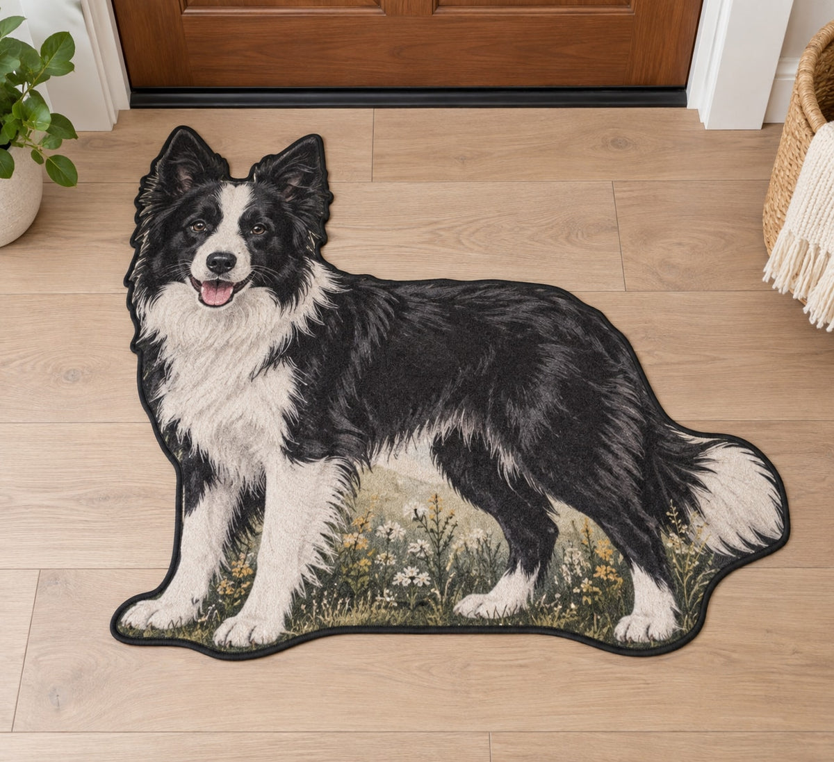Border Collie Custom Shape Mat with dimensional printed themed artwork; representative AI-generated mockup.