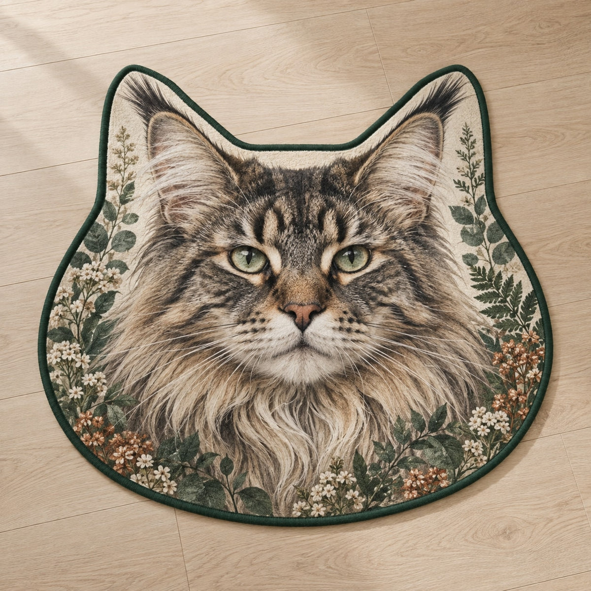 Maine Coon Cat Companion Custom Shape Mat with dimensional printed themed artwork; representative AI-generated mockup.