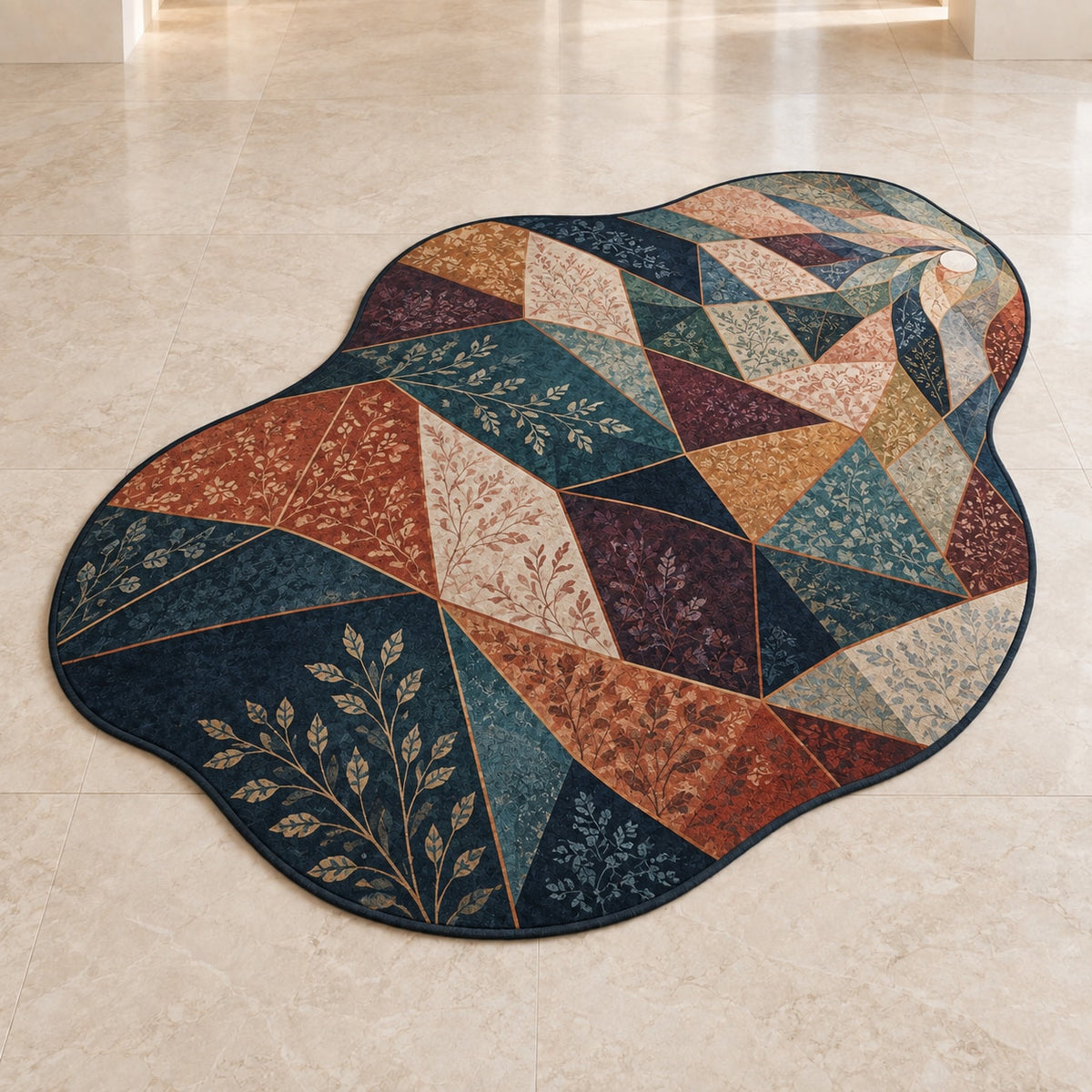Prismatic Quiltwork Cascade Custom Shape Mat with dimensional printed themed artwork; representative AI-generated mockup.