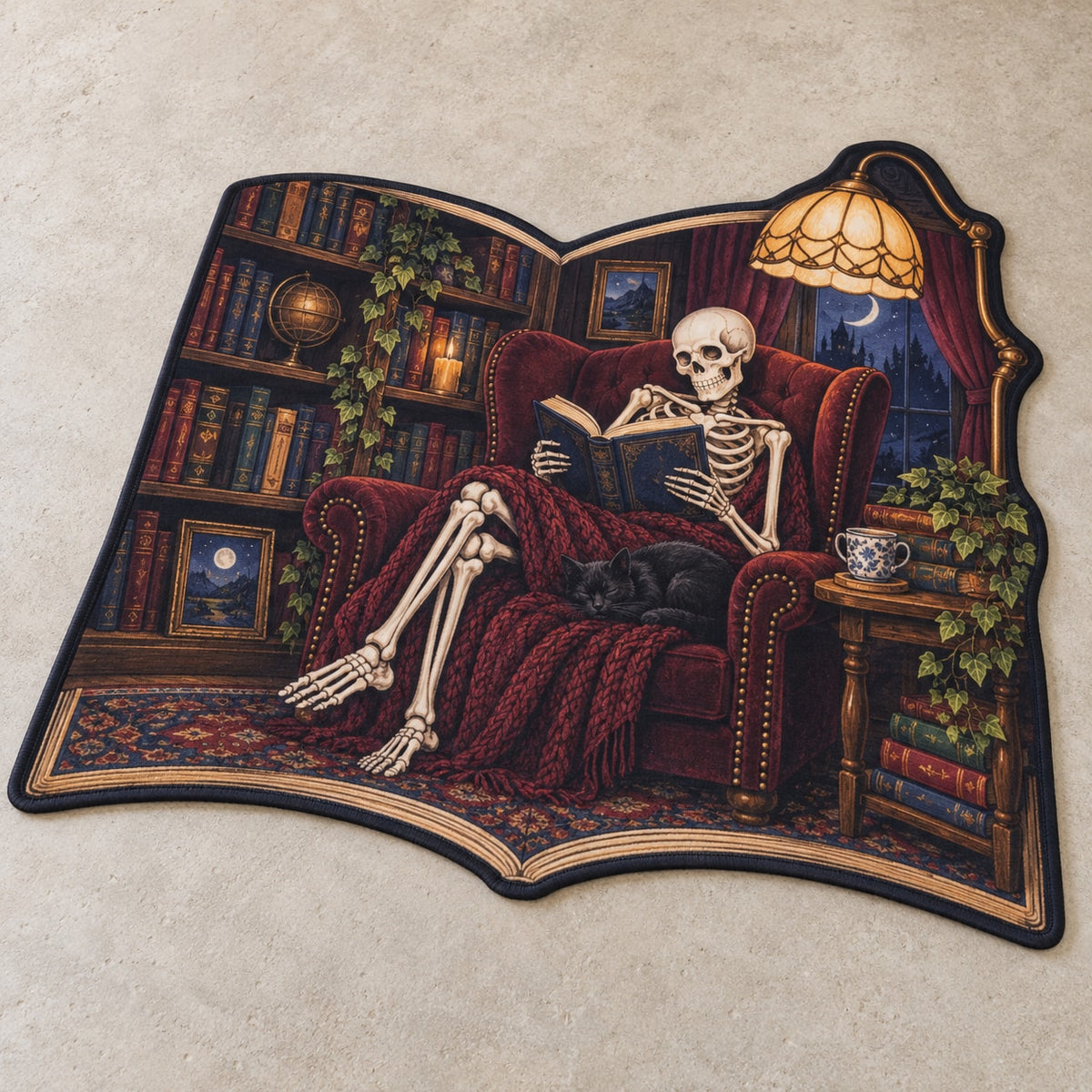 Skeleton Reading Nook Custom Shape Mat with dimensional printed themed artwork; representative AI-generated mockup.