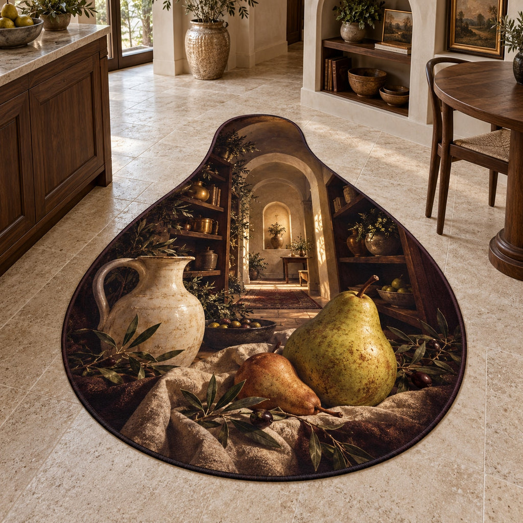 Pear Still Life Custom Shape Mat with dimensional printed themed artwork; representative AI-generated mockup.